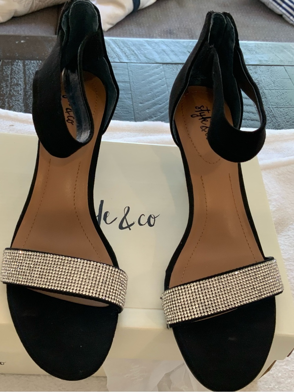Style & Co. Black Ankle-Strap Rhinestone Sandals new 2” heels size 7.5. SKU 3276